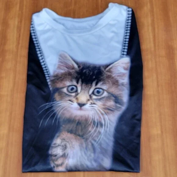 Cute Kitten Face Emerging from Black & White Long Sleeve Zipper Top - 5XL - Picture 4 of 7